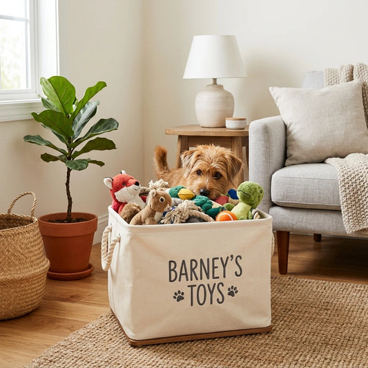 Personalized Large Dog Toy Storage Bin with Handles - Custom Pet Name Toy Basket - Durable Collapsible Fabric Organizer for Home Decor